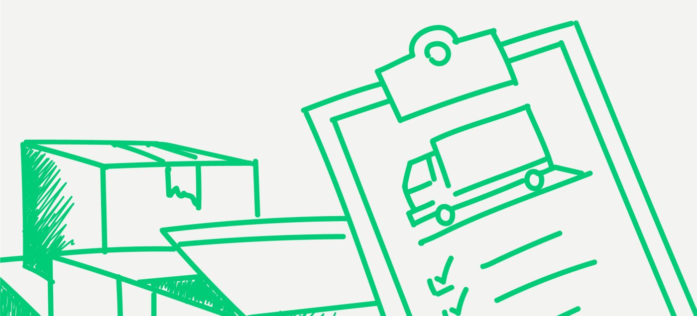 Grüne Zeichnung von Paketen und Klemmbrett mit LKW-Symbol und Liefer-Checkliste Grüne Zeichnung von Paketen und Klemmbrett mit LKW-Symbol und Liefer-Checkliste